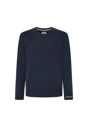 Tamnoplavi pulover s V-izrezom, dugih rukava, napravljen od mekog materijala. Rebraste manšete i rub. "PEPE" logo izvezan bijelom bojom na lijevom rukavu.