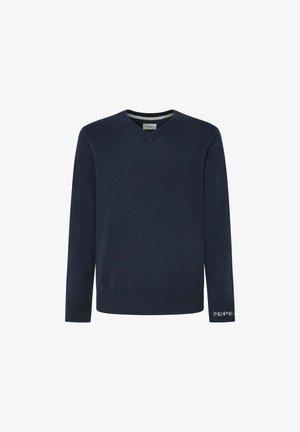 Suéter azul marino de cuello en V, de manga larga, hecho de una tela suave. Puños y dobladillo acanalados. Logo "PEPE" bordado en blanco en la manga izquierda.