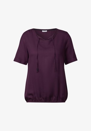 T-shirt violet à manches courtes avec décolleté en V, cordon de serrage, tissu texturé et ourlet élastique pour un ajustement ample. L'étiquette de marque indique "Cecil."