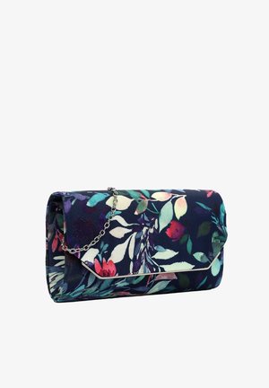 Kwiatowa kopertówka z ciemnoniebieskiej tkaniny z wielokolorowymi kwiatami. Posiada srebrny łańcuszek oraz klapę z zapięciem ozdobionym złotym akcentem.