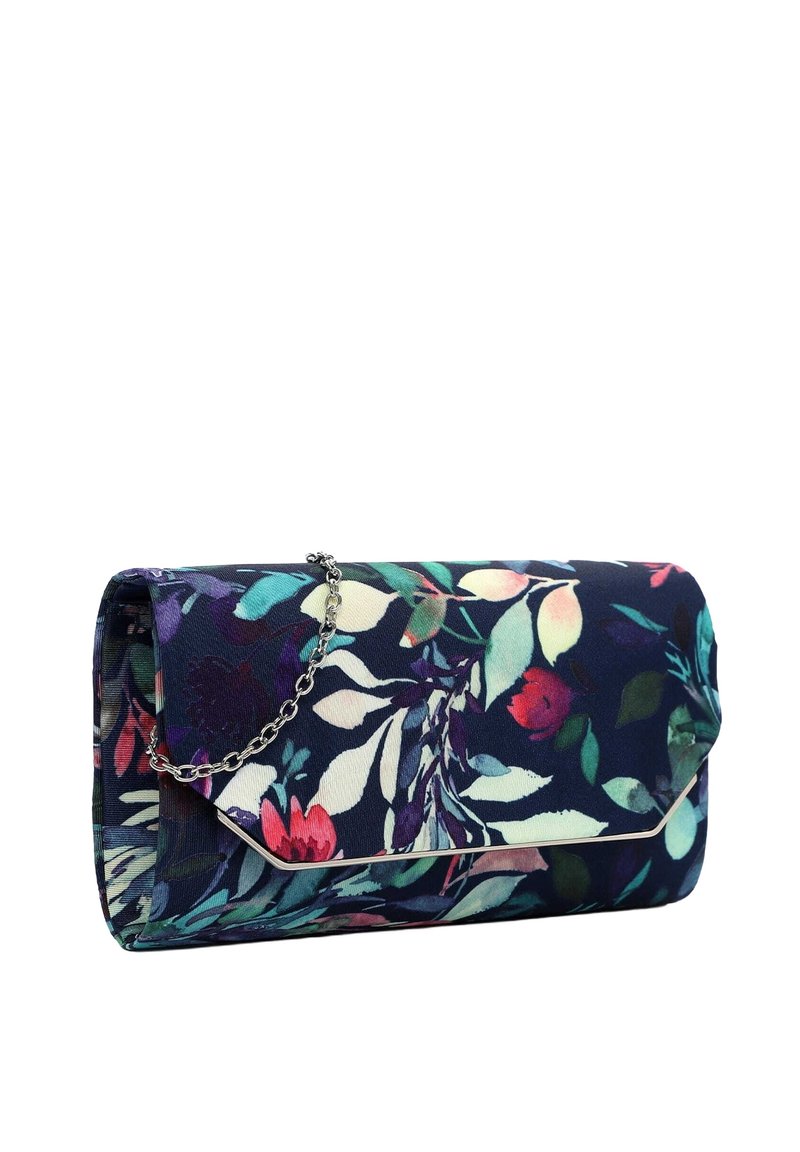 Tumma sininen kukkakuvioinen iltalaukku, jossa kirjava kukkakuosi. Varustettu hopeisella ketjuhihnalla ja kultakoristeisella läppäsulkimella.