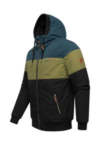 Kapuzenshirt mit einem Farbblockdesign in Türkis, Olivgrün und Schwarz. Verfügt über Reißverschlusstaschen, eine verstellbare Kapuze und strukturierte Akzente.