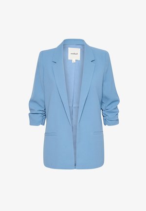 Ljusblå blazer med skräddarsydd passform, mjukt tyg, öppen framsida och rynkade trekvartsärmar. Har två sidofickor.