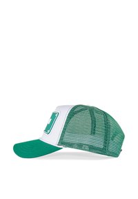 Green and white cap with a mesh back, curved bill, and a rectangular logo patch on the front featuring a white emblem.