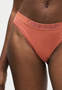 Κοντινό πλάνο ενός ατόμου που φοράει εσώρουχα Calvin Klein σε τερακότα απόχρωση με λωρίδα μέσης με λογότυπο, εμφανίζοντας τη μέση, τους γοφούς και την περιοχή του άνω μηρού.