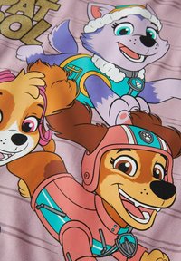 Trzy kreskówkowe psy przedstawione w jasnych kolorach: brązowy pies z różowym kaskiem i niebieskimi akcentami, jasnobrązowy pies z różowymi uszami oraz szary pies z kapeluszem.