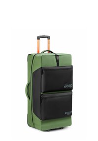 Valigia verde e nera con ruote, manico arancione estensibile, due tasche frontali e marchio Jeep. Materiale resistente e forma rettangolare.