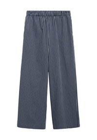 Námořnické široké kalhoty s vertikálními bílými pruhy, elastickým pasem a měkkou tkaninou. Mají volný střih a délku ke kotníkům.