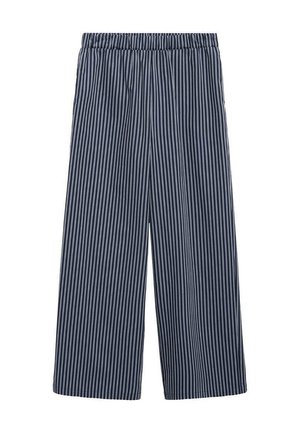 Navy pitkälahkeiset housut, joissa on pystysuorat valkoiset raidat, joustava vyötärö ja pehmeä kangas. Ominaisuuksiin kuuluu löysä malli ja nilkkapituinen leikkaus.