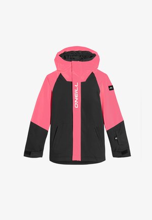 Svart och rosa huvjacka med dragkedja fram. Har en kontrasterande rosa överdel och ärmar, två sidofickor och en logotyp på bröstet.