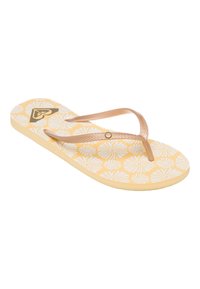 Gul flip-flop med hvitt blomsterdesign, med tynne beige stropper og en liten logo på sålen. Glatt tekstur.