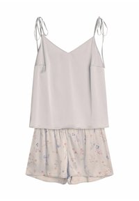 Jasnoszara satynowa koszulka na ramiączkach z cienkimi regulowanymi paskami, połączona z szortami w kwiatowy wzór w delikatnych pastelowych kolorach. Luźny krój.