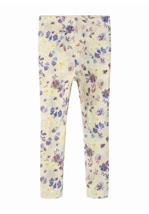 Leggings pour enfants de couleur crème avec un motif floral délicat en nuances de bleu, jaune et marron, présentés à plat sur un fond blanc.
