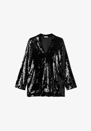 Czarny, długi żakiet z długimi rękawami, pokryty błyszczącymi cekinami, z głębokim dekoltem w kształcie litery V, prezentowany na białym tle.