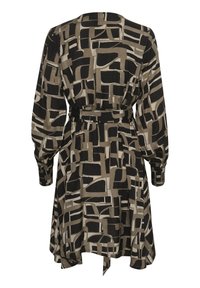 Langärmliges Kleid mit dunkelbrown und beigen abstrakten Mustern, taillierter Taille, V-Ausschnitt und einem Bindedetail am Saum. Weicher Stoff, lockere Passform.