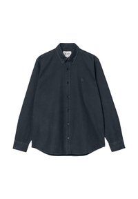 Camisa de manga larga azul marino oscuro fabricada en sarga de algodón, con cuello de botón, botones en el frente y un logotipo sutil en el pecho.