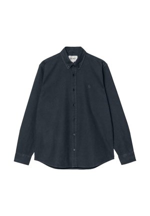 Camisa de manga larga azul marino oscuro fabricada en sarga de algodón, con cuello de botón, botones en el frente y un logotipo sutil en el pecho.