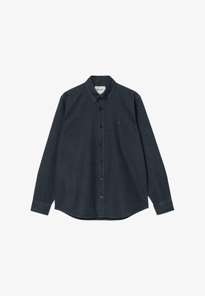 Camisa de manga larga azul marino oscuro fabricada en sarga de algodón, con cuello de botón, botones en el frente y un logotipo sutil en el pecho.