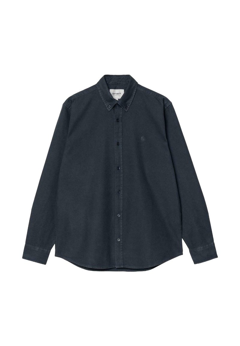 Camisa de manga larga azul marino oscuro fabricada en sarga de algodón, con cuello de botón, botones en el frente y un logotipo sutil en el pecho.