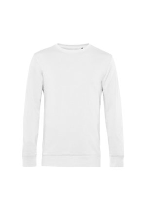 Biała bluza z długim rękawem z okrągłym dekoltem, ściągaczami przy mankietach i u dołu. Wykonana z miękkiego materiału o gładkiej teksturze, bez widocznych wzorów ani akcentów.