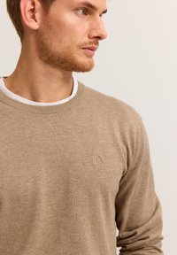 Beige sweater made of soft knit fabric, featuring a crew neckline and subtle logo detailing on the chest, with ribbed cuffs and hem.