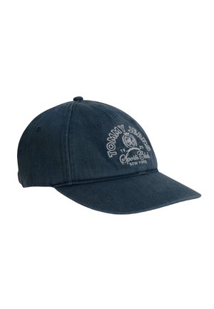 Casquette de baseball bleu foncé à visière courbée avec texte brodé blanc "Tommy Jeans Sports Club New York 1985" et emblème sur le panneau avant.