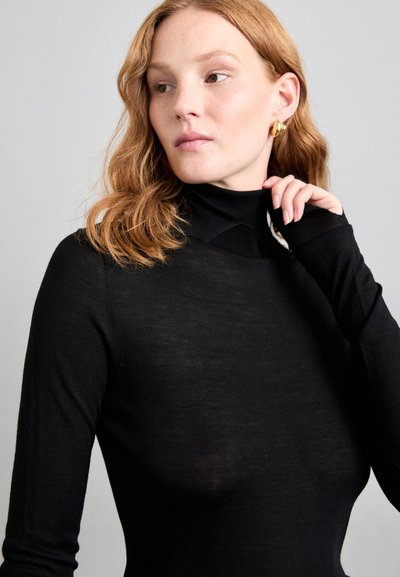Black long-sleeve turtleneck top made of sheer, lightweight material with a fitted design and ribbed details on the collar and cuffs.
