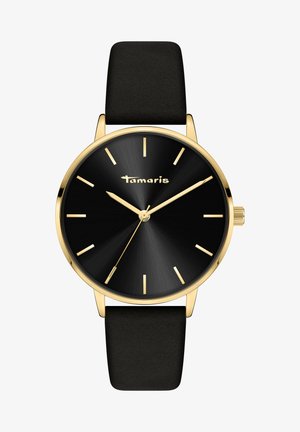 Schwarze Uhr mit rundem Zifferblatt, geschliffener Oberfläche, goldenen Stundenmarkierungen und Zeigern, goldfarbigem Gehäuse und mattem schwarzen Lederarmband.