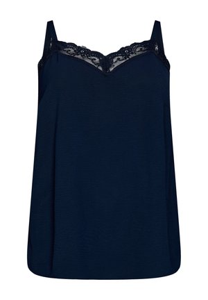 Tumszila bezroku krekliņš ar plāniem siksniņām un mežģīņu apdari gar V veida izgriezumu, izgatavots no mīksta, viegla auduma.