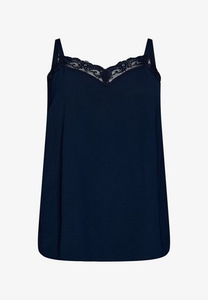 Camiseta sin mangas azul marino con tirantes finos y ribete de encaje a lo largo del escote en V, hecha de tela suave y ligera.