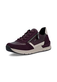 Basket basse violette avec semelle beige, fermeture éclair latérale, fermeture à lacets et accents beiges contrastants.