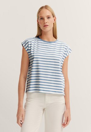 Helles blau-weiß gestreiftes Kurzarmoberteil mit rundem Ausschnitt und lockerer Passform. Weiches Baumwollmaterial mit einem lässigen Design.