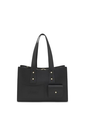 Borsa a mano in pelle nera con doppi manici, logo "TOUS" in rilievo sulla parte anteriore, tasca piccola con bottone a scatto e chiusura superiore con zip.
