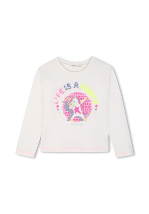 Wit shirt met lange mouwen met een kleurrijke eenhoorn die danst voor een roze discobal en de tekst "Life is a party" erboven.