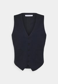 Marineblaues Wollwesten mit V-Ausschnitt, sechs Knöpfen, zwei Fronttaschen und einer Brusttasche. Glatte Textur und maßgeschneiderter Schnitt.