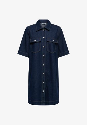 Obleka iz jeansa v temno modri barvi z kratkimi rokavi, dvema prsnima žepoma, sprednjim zapiranjem na gumbe in kontrastnim šivom. Gladka tekstura.