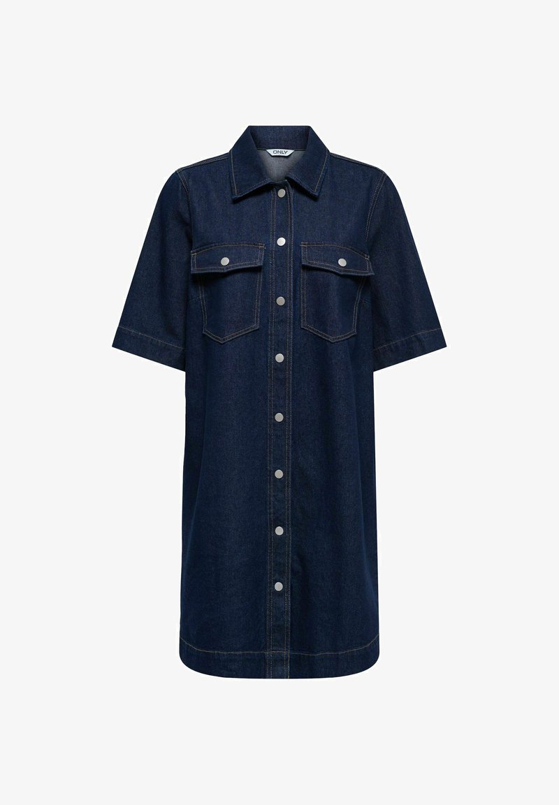 Φόρεμα πουκάμισου από τζιν σε σκούρο μπλε χρώμα με κοντά μανίκια, δύο τσέπες στο στήθος, κούμπωμα με κουμπιά μπροστά και ραφές με αντίθεση. Ομαλή υφή.