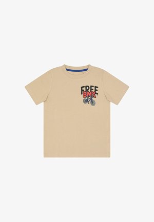 Beige kortærmet børne T-shirt med teksten "FREE BMX" og en blå BMX-cykel grafik på øverste venstre bryst.
