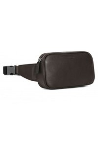 Bruine leren crossbody tas met een gestructureerde afwerking, rechthoekige vorm, ritsluiting en verstelbare schouderband met een plastic gesp.
