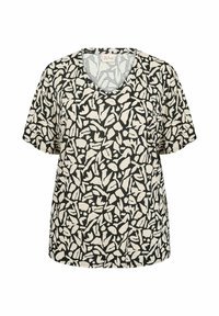 Zwarte en crèmekleurige blouse met een abstract bladpatroon, met V-hals en korte mouwen. Gemaakt van zachte stof met een relaxte pasvorm en een ronde zoom.