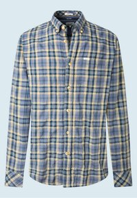 Camisa de botones en un patrón de cuadros azules y amarillos, hecha de tela ligera, con cuello, mangas largas y botones de madera.