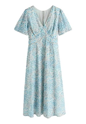 Hellblaues und weißes Midikleid mit floralem Muster, kurzen Ärmeln, V-Ausschnitt, geraffter Brust und Spitzenbesatz unterhalb der Brustlinie.