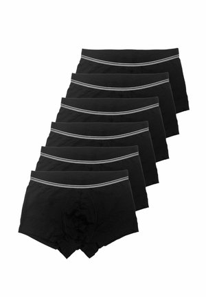 Boxer briefs neri in cotone con elastico in vita grigio, esposti cinque paia, con un design semplice e senza motivi o dettagli aggiuntivi.