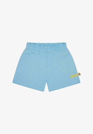 Shorts in tessuto misto cotone di colore azzurro chiaro, con una cintura elastica, dotati di un'etichetta laterale che recita "loud + proud". Texture liscia e design casual.