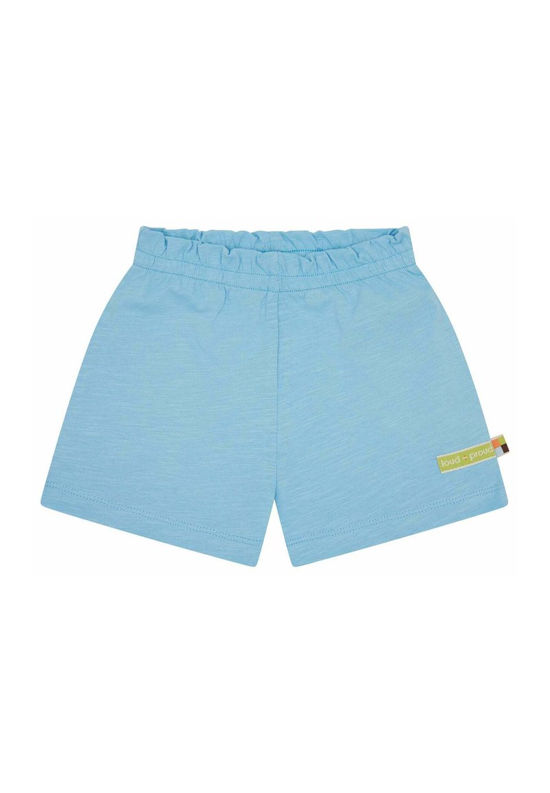 Shorts in tessuto misto cotone di colore azzurro chiaro, con una cintura elastica, dotati di un'etichetta laterale che recita "loud + proud". Texture liscia e design casual.