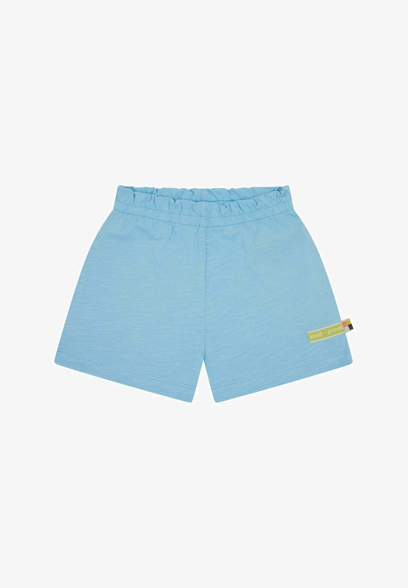 Helle blaue Shorts aus Baumwollmischung mit elastischem Bund, versehen mit einem Etikett an der Seite, auf dem "loud + proud" steht. Glatte Textur, lässiges Design.