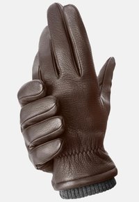Brun læderhandske med fire fingre, ribbede strikkede håndled, glat tekstur, diskrete syningsdetaljer og rund form.