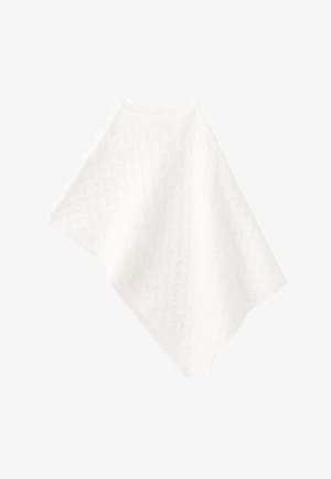 Bílý pletený pončo s texturovaným vzorem a nepravidelným lemem, navržený pro volný střih. Měkká, lehká látka.