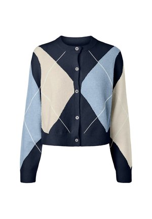 Cardigan con bottoni con motivo a rombi blu navy, azzurro chiaro e beige e maniche lunghe su sfondo bianco.
