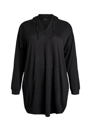 Sudadera negra de gran tamaño con mangas largas, cuello en V, capucha con cordón y bolsillo canguro frontal hecha de tela suave.